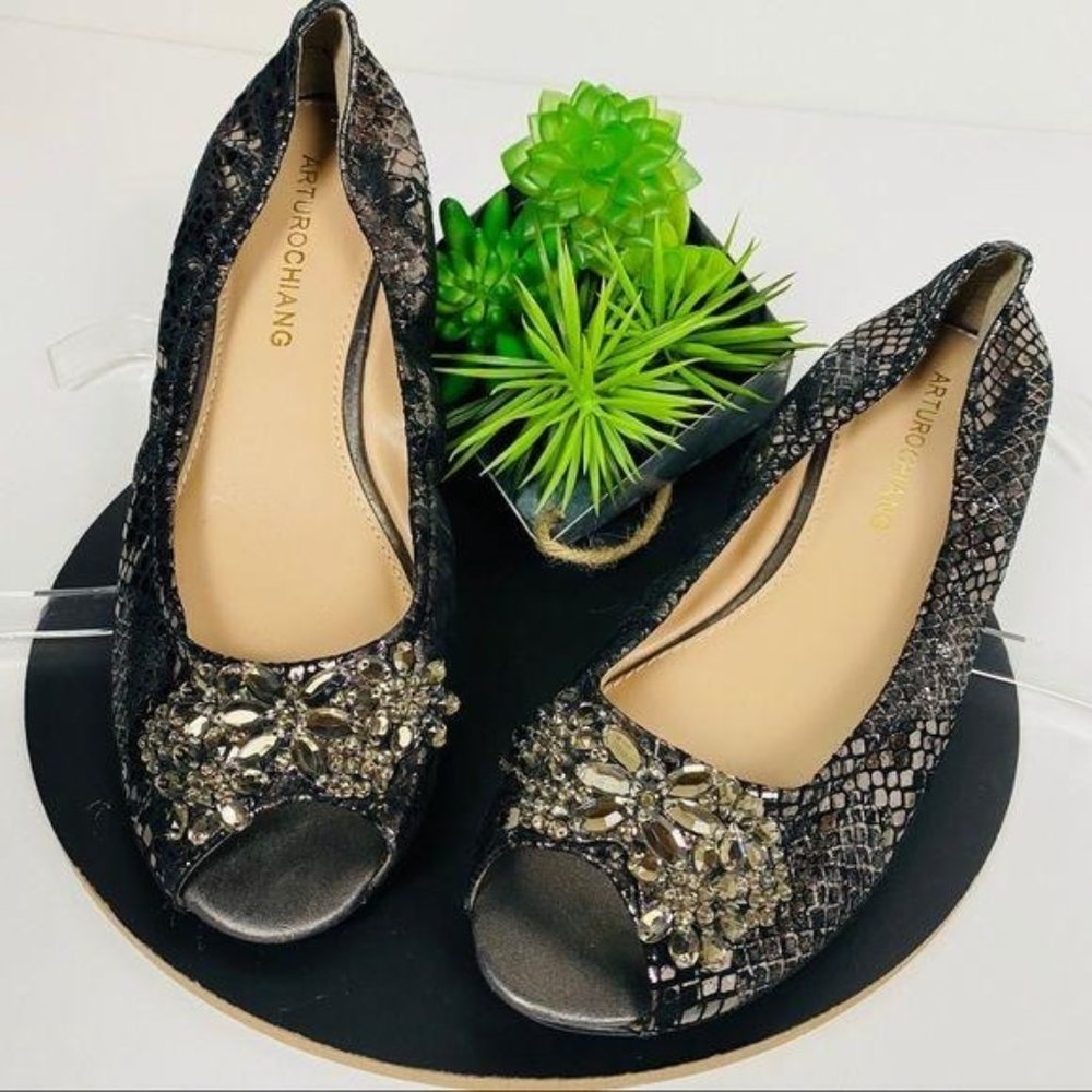 Arturo Chaing Metallic Bronze Snake Gem Peep Toe 8